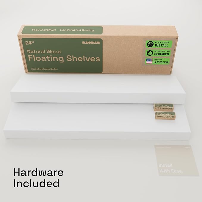BAOBAB WORKSHOP Wood Floating Shelves for Bathroom Wall - White Shelves for Bedroom Kitchen Living Room - Solid Wood Shelves - White - 24 x 6.7 Inch, Set of 2