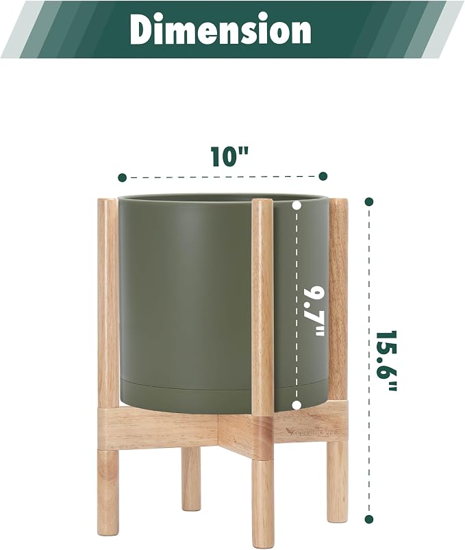 D'vine Dev Planter Pot with Stand - 10 Inch Plastic Cylinder Flower Pot with Wood Planter Holder for Indoor, Olive Pot + Natural Stand, 55-C-M-3