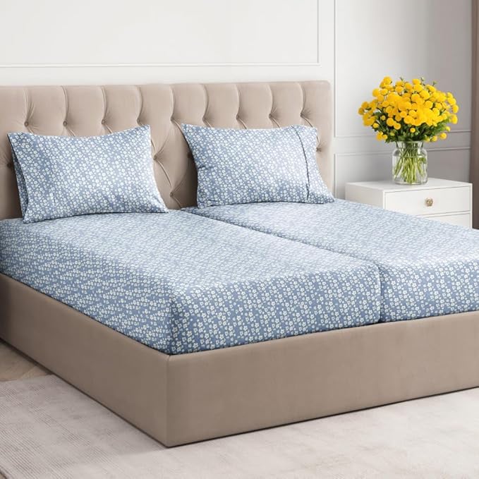 Floral Sheets - Blue Floral Bed Sheet Set - 1 Flat, 2 Fitted & 2 Pillowcases w/ Deep Pockets - Wrinkle & Fade Free - Boho Botanical Bedding - Ultra-Soft, Breathable and Cooling - Split King Size Set