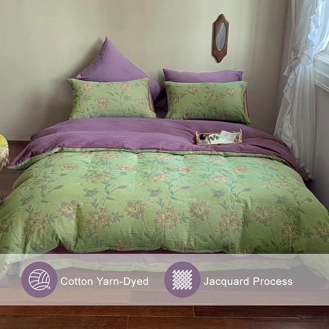 VM VOUGEMARKET Green Flower Duvet Cover Set Twin,3Pcs Yarn-Dyed Linen Cotton Jacquard Duvet Cover with 2 Pillowcases Garden Style Green Purple Bedding Set for Girls Women Without Comforter