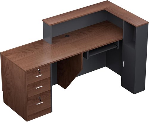 **Skiennix L-Shaped Reception Desk - Modern Wooden Design with Storage Shelves | Brown & Black, 71''L x 42''W x 41''H**