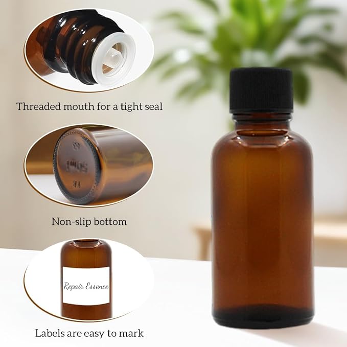 6Pcs Amber Glass Essential Oil Bottles with Orifice Reducer and Black Cap Empty Cosmetic Perfume Aromatherapy Storage Container Vial Pots Portable Refillable size 30ml/1oz