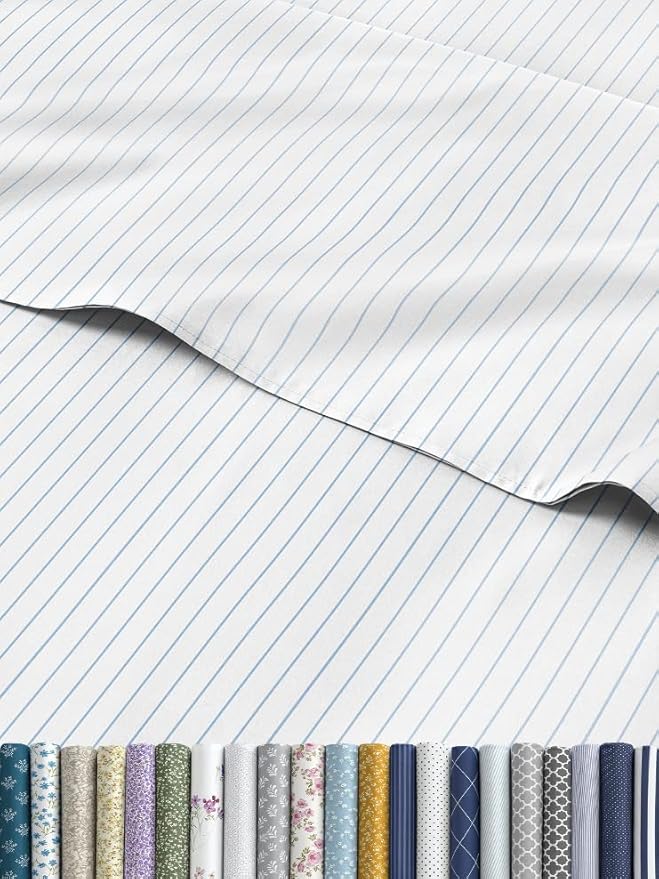 Sky Blue and White Striped Sheets - 1 Flat & 1 Fitted Sheet & 1 Pillowcase w/ Deep Pockets - Wrinkle & Fade Resistant - Ultra-Soft, Breathable & Cooling - Pinstripe Patterned Bed Set - Twin Size