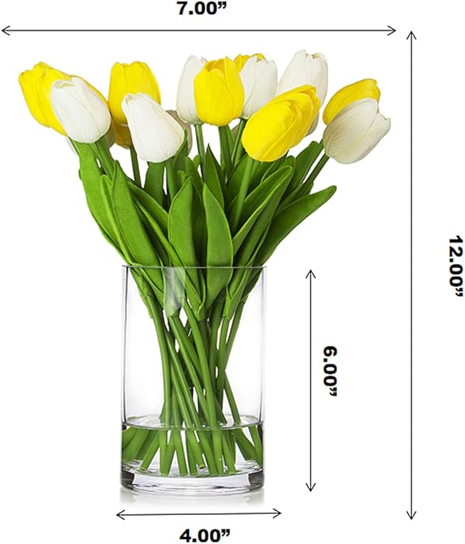 ENOVA HOME 20 Pieces Artificial Real Touch Tulips Flower Arrangement in Glass Vase with Faux Water for Home Decoration (White Yellow)