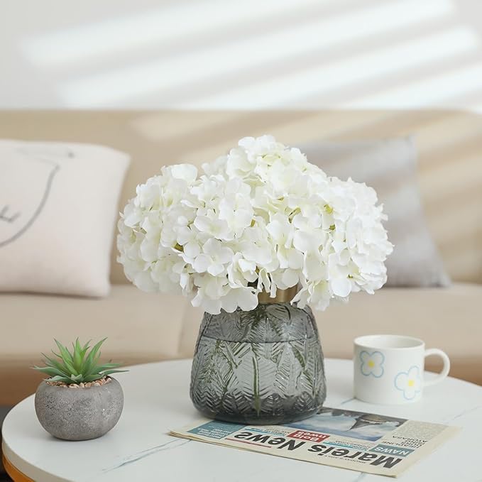 Fake White Hydrangea Artificial Flowers - Faux Silk Hydrangeas Flowers Heads with Stems Real Touch for Home Wedding Party Table Decor(White,Pack of 10)