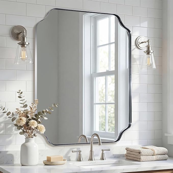 ANDY STAR 30x36 Inch Chrome Bathroom Mirror, Polished Nickel Vanity Mirror, Scalloped Mirror in Anti-Rust Stainless Steel Metal Thin Frame, Unique Rounded Notched Corners, Vertically/Horizontally