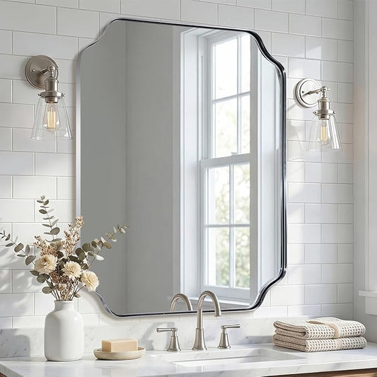 ANDY STAR 24x30 Inch Chrome Bathroom Mirror, Polished Nickel Mirrors for Wall, Modern Scalloped Mirror in Rustproof Stainless Steel Thin Frame, Elegant Scalloped Edge Design, Ideal for Home Remodel