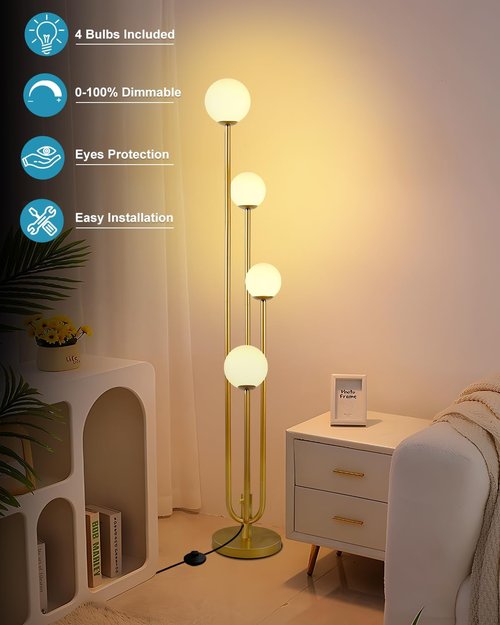 Lightdot Gold Globe Floor Lamp - Dimmable 4-Light Modern Design with 3000K Bulbs for Living Room & Bedroom Decor