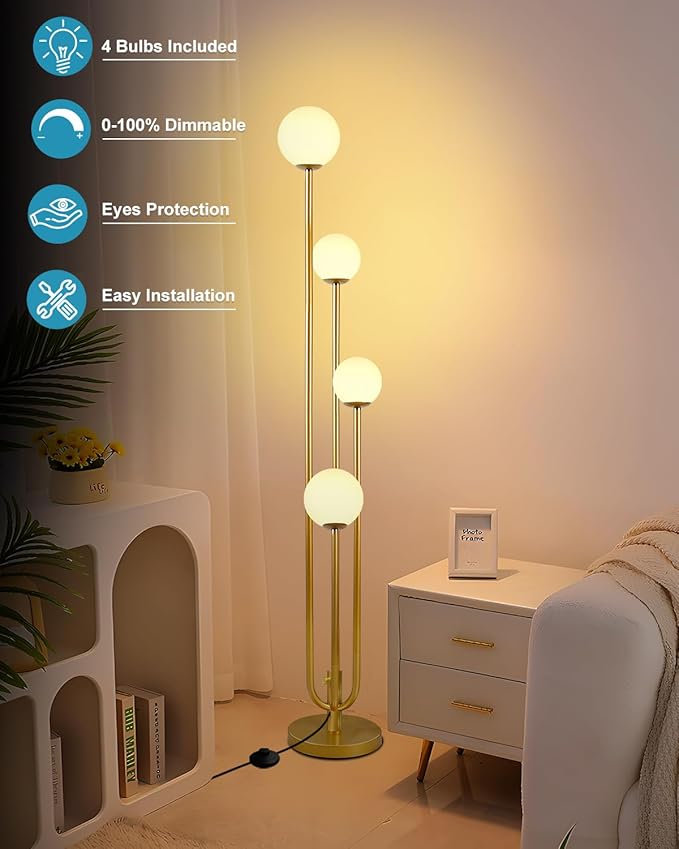 Lightdot Gold Globe Floor Lamp 4-Lights Dimmable Floor Lamps with 3000K Bulbs Included Unique Mid Century Modern Tall Standing Lamp with 5Lbs Heavy Base for Living Room/Bedroom/Sofa Beside