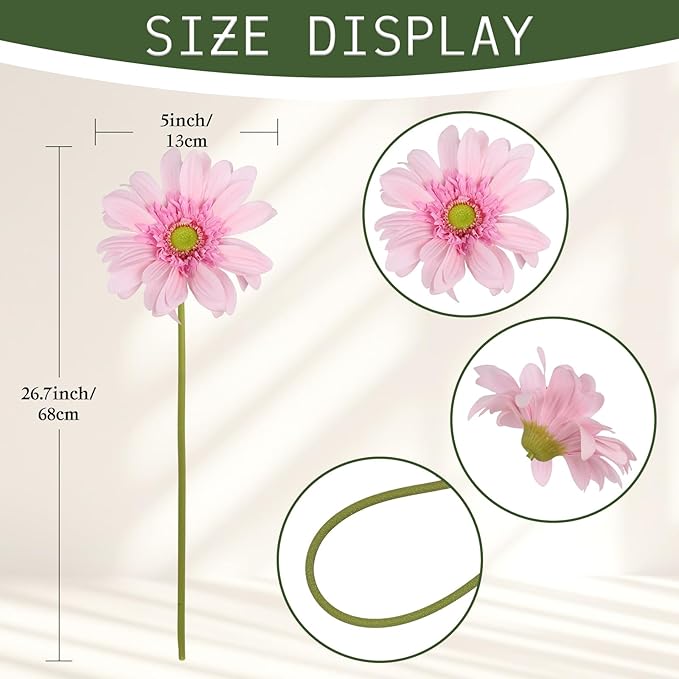 Pink Gerbera Daisy Artificial Flowers – 5PCS Real Touch Artificial Daisies with Long Stems, 26.7" Daisy Flowers Artificial for Centerpieces, Baby Showers, Wedding or Bedroom Décor