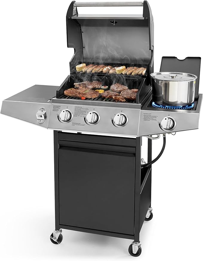 Lyromix 3 Burners Gas Grill with Side Burner, Propane Grill with Wheels and Storage, Outdoor Gas BBQ with Oil Tray and Thermometer for Patio and Party, 37000 BTU