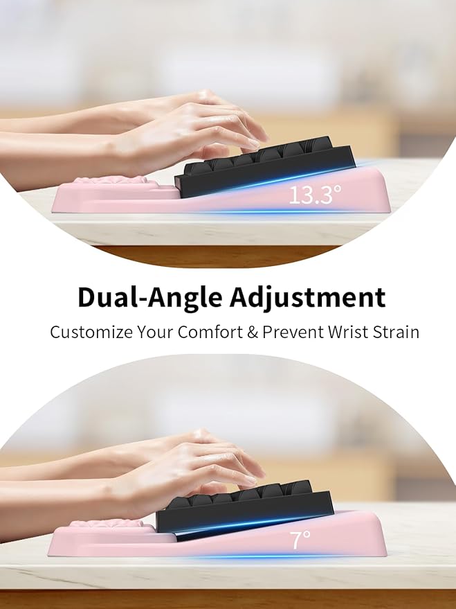 3-in-1 Ergonomic Keyboard Stand with Wrist Rest & Mouse Pad Set, Comfy Keyboard Riser Holder Soft Mousepad with Massage Design, Memory Foam and Non-Slip PU Base for Pain Relief, Pink