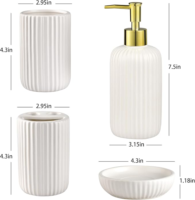 White Bathroom Accessories Set, 4PC Ceramic Bathroom Sets Complete-Toothbrush Holders, Soap Dispenser, Soap Dish, Toothbrush Cup, Modern White Gold Bathroom Decor, Bathroom Organizer for Countertop