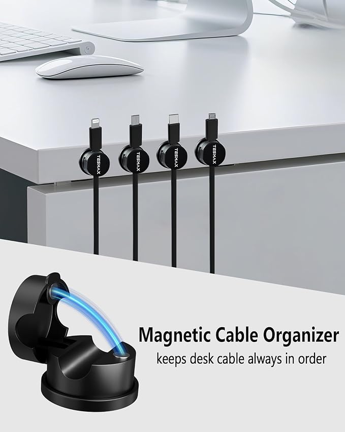 Magnetic Cord Holder 360°Rotation Cord Organizer, 6Pack Cable Clips [1s Lock] Adhesive Cable Management Desk Organizers and Accessories, Phone Charging Wire Holder for Nightstand,Car,Home Office