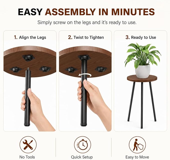 2 Pack Plant Stand Set: Small Round Plants Stand Indoor Wood Grain Plant Tables with Metal Legs - Indoor Outdoor Plant Stands for Living Room, Bedroom, Patio, Balcony, Brown, 150 lbs Capacity