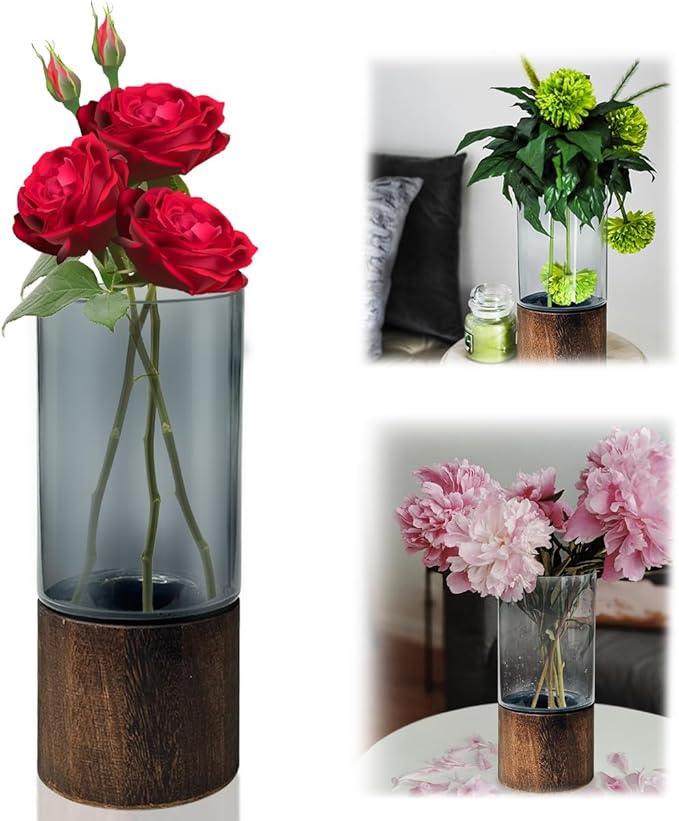 Bohemian Art Black Wooden Glass Vase 10 Inch Tall Glass Flower Vase Cylindrical Wooden Base Vases Plant Vases Minimalist Birthday Party Decoration Wedding Kitchen Office Decoration