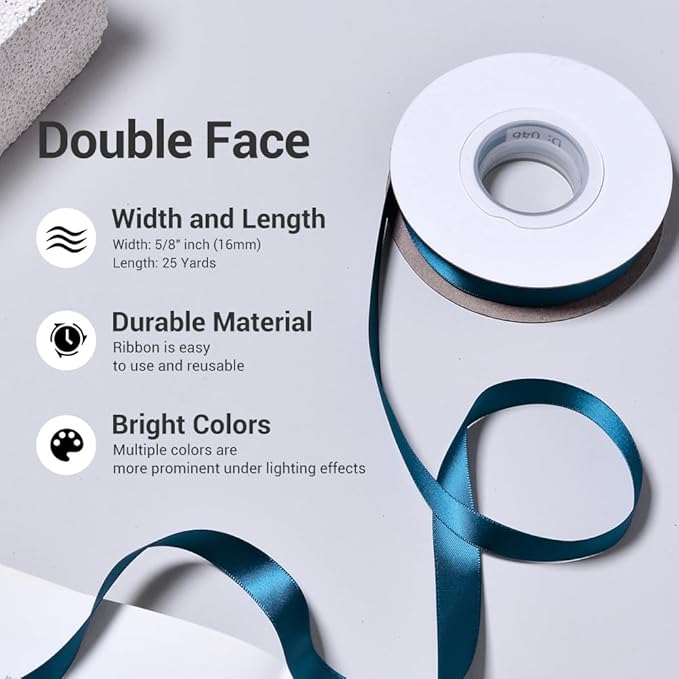 YAMA Double Face Satin Ribbon - 5/8" 25 Yards for Gift Package Wrapping,Floral Design,Hair Bow Clip Making,Crafting,Sewing,Wedding Decor, Teal