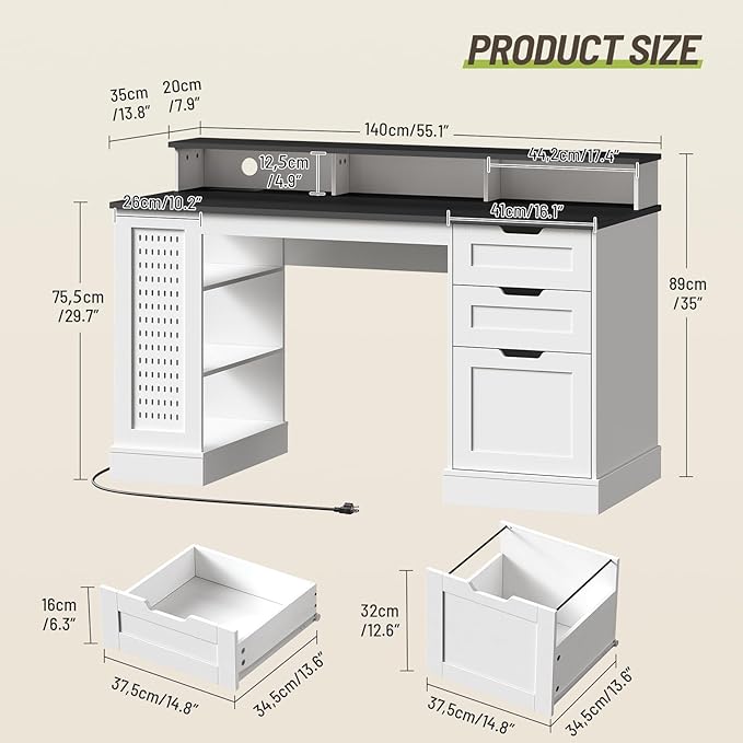 55-Inch Farmhouse Executive Desk with 2 Drawers and File Cabinet, Computer Desk with 3-Tier Storage Shelves, Home Office Desk with Charging Station, Pegboard and Monitor Shelf, White and Black
