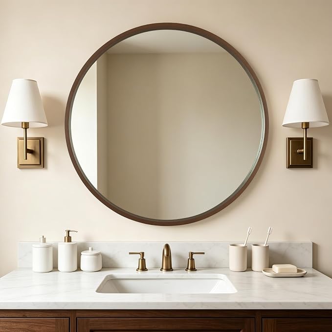 WallBeyond 36 Inch Round Wood Mirror, Large Circle Wooden Frame Wall Mirror for Bathroom, Living Room, Bedroom, Entryway (Walnut)