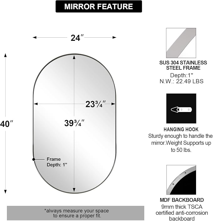 ANDY STAR Rustproof Chrome Oval Mirror for Bathroom, 24x40 Oval Vanity Mirror for Wall, Polished Nickel Mirror for Bathroom in SUS304 Metal Frame 1’’ Deep Wall Mounted Vertical/Horizontal