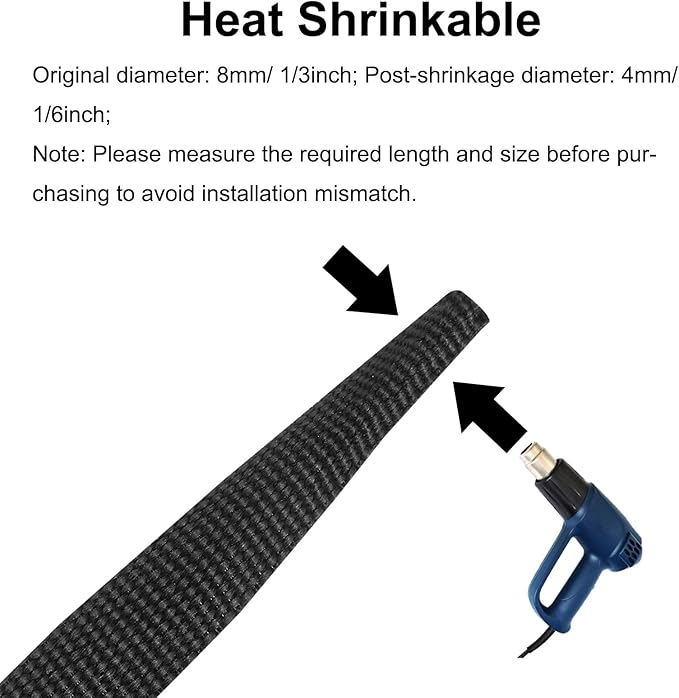 MECCANIXITY Braided Cable Sleeves Heat Shrinkable Fabric Sleeving, 5/16" 60ft Black 2:1 Ratio Heat Shrinkable Cord Protector for Harness Cable, Network Cable Protection, Cable Management