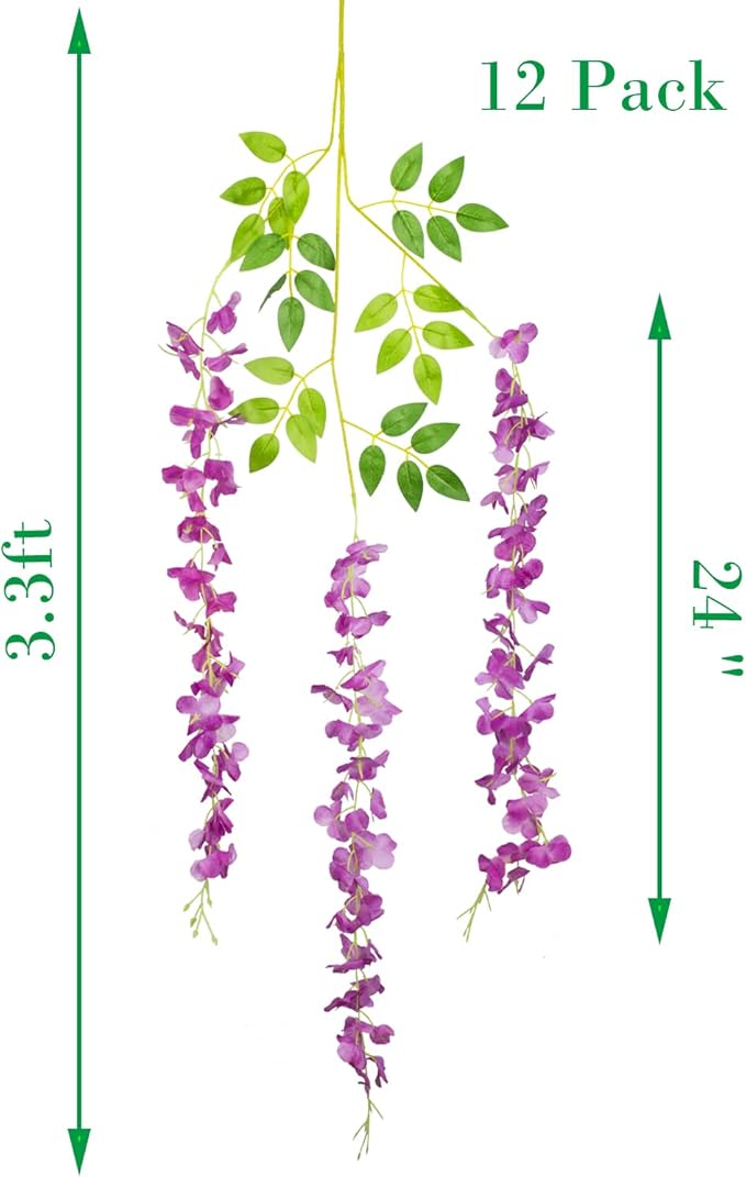 12 Pack Artificial Flowers Silk Wisteria Vine Ratta Hanging Flower (Purple)