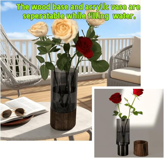 Shatterproof Acrylic Flower Vase with Wood Base–10”H*4.7''W Modern Table Centerpiece for Home Office Decor, Holds Fresh/Dried Stems, Lightweight&Stable, Present for Housewarming Christmas (Cylinder)