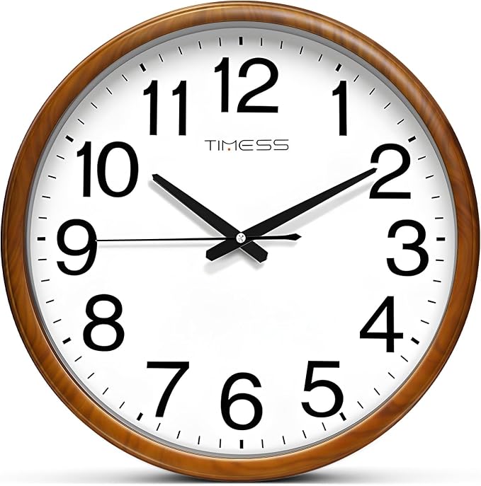 TIMESS Wall Clock, Classic Wood Style Finish, 16 Inch Non-Ticking Silent Battery Operated Analog Clock, Ideal Retro Decor for Home, Bedroom, Living Room, Kitchen, Bathroom, Office(Wood Yellow)