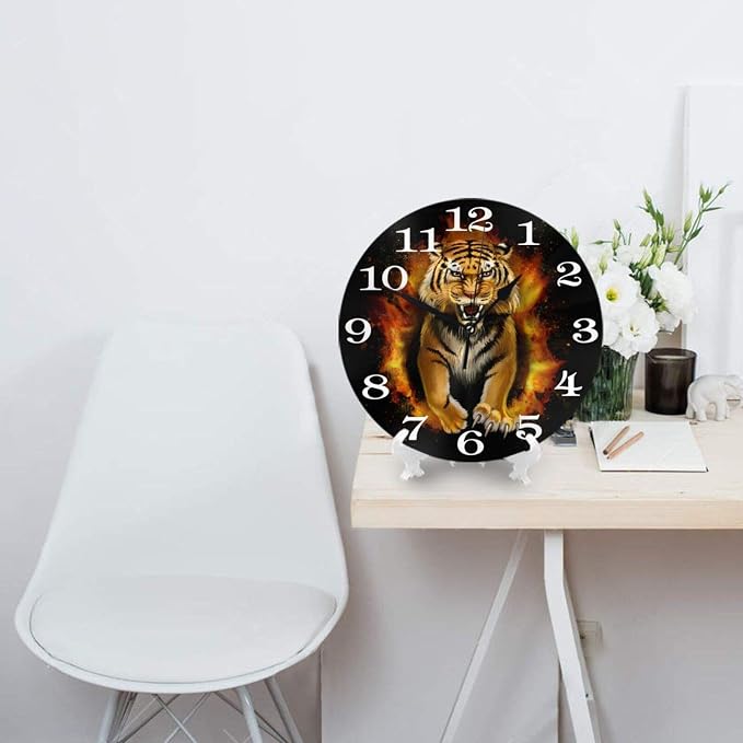 Roar Tiger Wall Clock Battery Operated Silent Round Clock Animal Wall Decor for Home, Office, School 9.8 Inch
