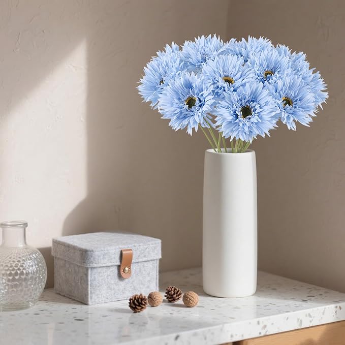 Gerbera Daisy Artificial Flowers 12pcs Faux Daisies Blue Silk Flowers with Stems for Vase Table Centerpiece Home Wedding Party Garden Decoration(Blue)
