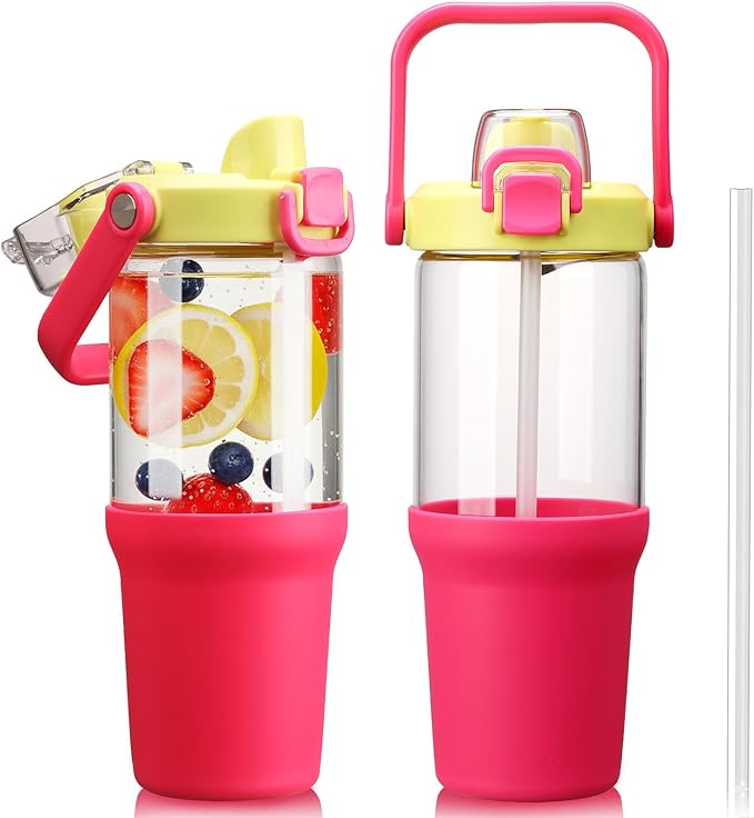 Glass Tumbler with Carry Handle, Clear Glass Water Bottle with Leakproof Lid, Spout Lid&Straw, BPA-Free, 32 oz, Bright Pink