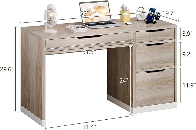 52 Inch Small Desk with Drawers, Walnut Desk with Storage, Computer Desk with Filing Cabinet，Study Desk for Kids, Bedroom
