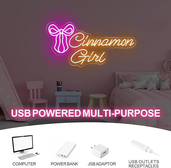 Cinnamon Girl with Bow Tie Neon Sign Sweet Cinnamon Girl Sign Room Art Decor Lana Del Rey Neon Sign Bedroom Wall Decor,Encouraging Light, Club-Warm White-17.7"x8.86"