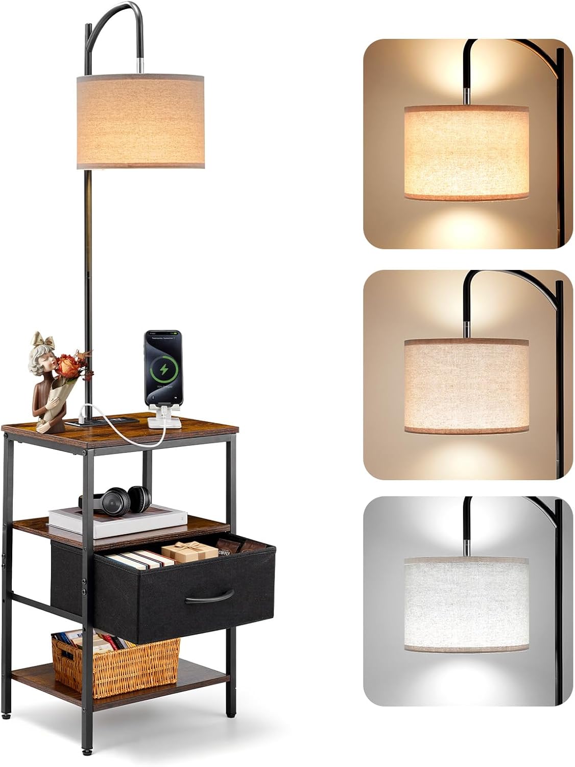 VEVOR Floor Lamp with Table - 3-Tier End Table & 3 Color Temperature Lighting | Modern Bedside Desk with USB & AC Charging Ports