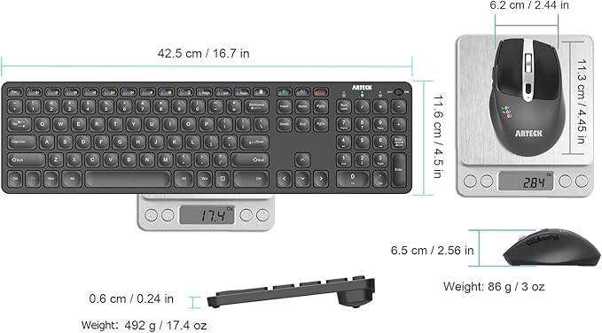 Arteck Universal Multi-Device Bluetooth Keyboard and Mouse Full Size Wireless Bluetooth Keyboard and Ergonomic Mouse Set for Windows, iOS, Android, Computer Desktop PC Laptop iPad Tablet Smartphone