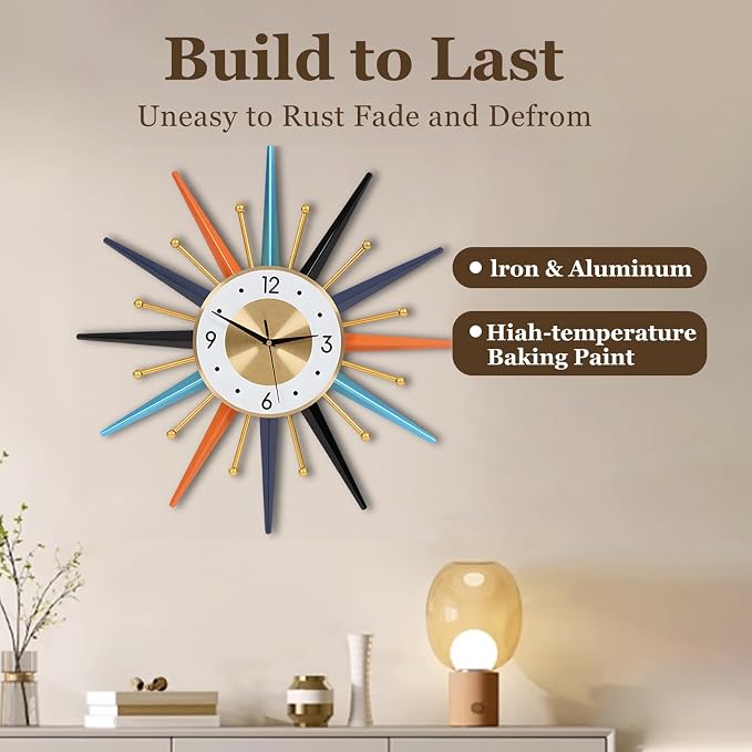 22-Inch Large Starburst Wall Clock – Mid-Century Modern Decorative Wall Clock, Silent Non-Ticking Quartz Movement, Battery Operated Colorful Clock for Living Room, Bedroom, Kitchen & Office