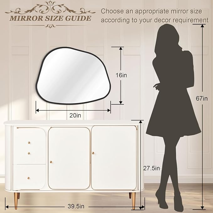 Irregcular Wall Mirror 20"x16" Black Asymmetrical Bathroom Mirror Metal Framed Modern Decorative Vanity Mirrors for Bedroom Living Room Entryway