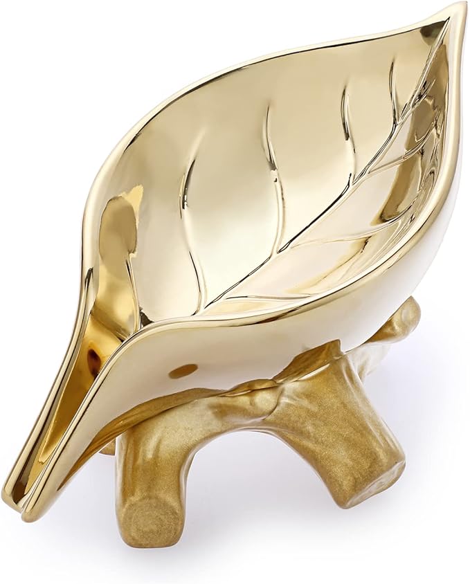 JUXYES Ceramic Soap Dish Holder Self Draining, Unique Waterfall Soap Dish Leaf Shape Decorative Soap Dish Tray Tabletop Drainable Soap Saver Bathtub Waterfall Soap Dish Holder for Bathroom Shower