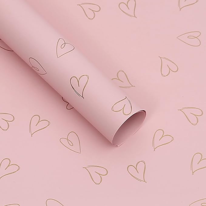 MLSG 20 Sheet Solid Color Heart Wrapping Paper - Waterproof Floral Bouquet Wrapping Paper, Florist Supplies Packaging Paper for Wedding Birthday Gift Wrap Paper (Pink Gold)