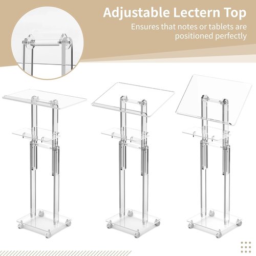 Skiennix Acrylic Podium Stand - Portable Rolling Design with Lockable Wheels & Adjustable Height | Clear with Storage Shelf