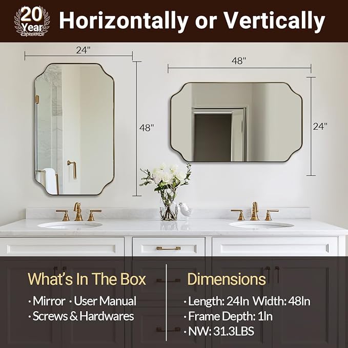 ANDY STAR 24"x48" Large Bathroom Mirror, Brushed Gold Rectangle Mirror, Scalloped Mirror for Bathroom in Anti-Rust Stainless Steel Metal Frame 1" Deep, Hangs Vertically/Horizontally
