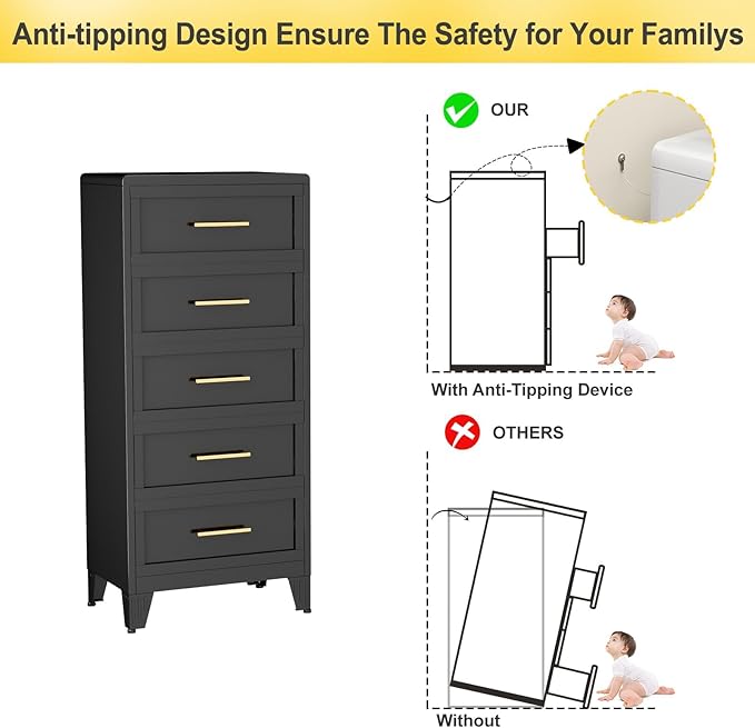 5 Drawers Dresser for Bedroom, 53.46" Tall Metal Dressers & Chest of Drawer Curved Corner Design, Storage Organizer Drawer Chest with Large Capacity for Living Room, Entryway, Hallway, Black