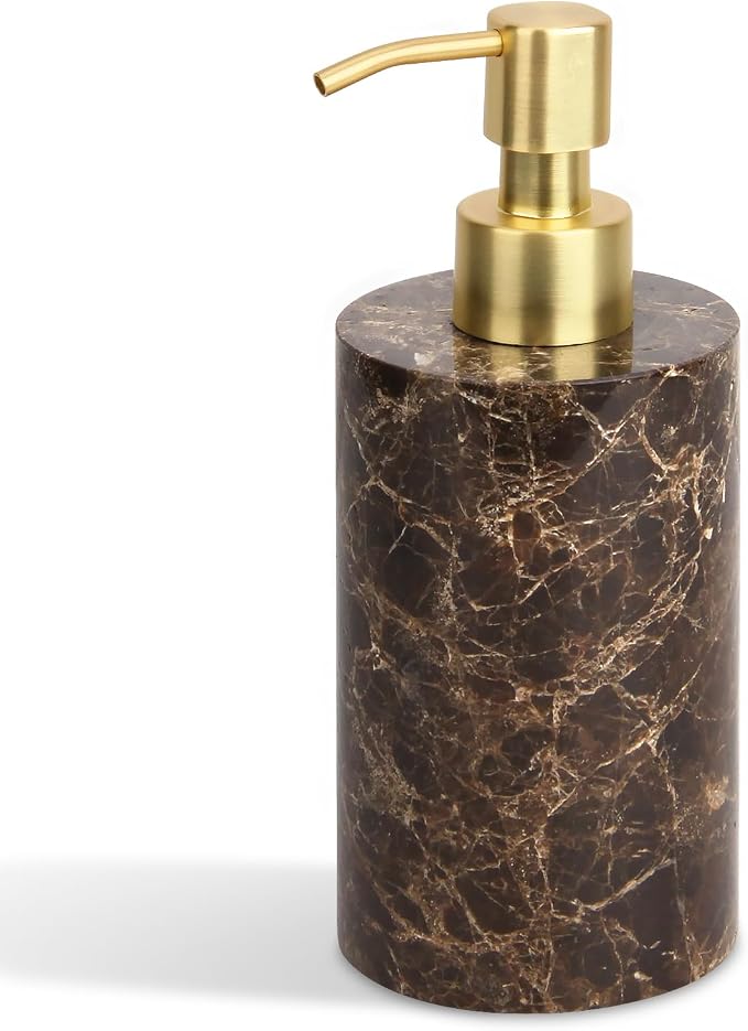 Natural Marble Soap Dispenser for Bathroom and Kitchen Countertop - 5.41 Ounces Hand Lotion and Liquid Stone Shampoo Laundry Bottle with Pump (1, Dark Brown, Cylindrical Bottle)