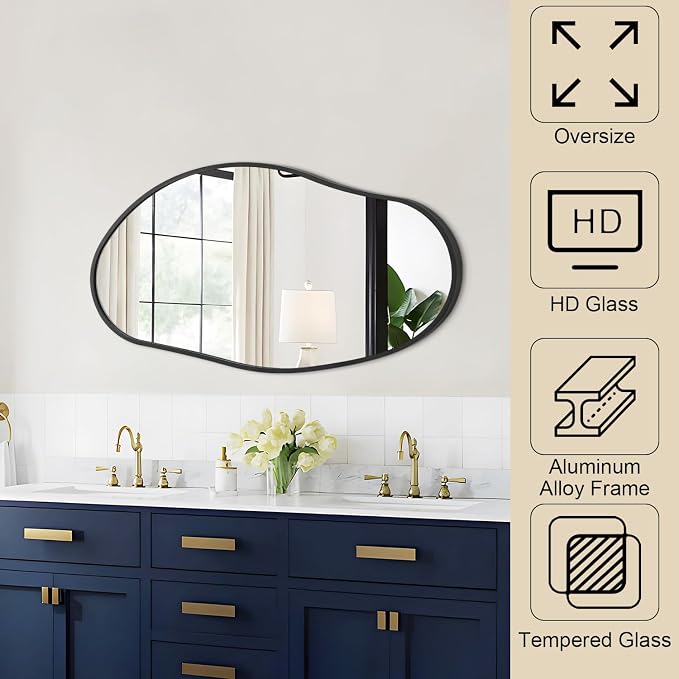 Irregular Wall Mirror, Black Wall Mirrors Decorative 30"x18" Asymmetrical Bathroom Mirrors Aluminum Alloy Frame for Bedroom, Living Room, Cloakroom, Entryway Large