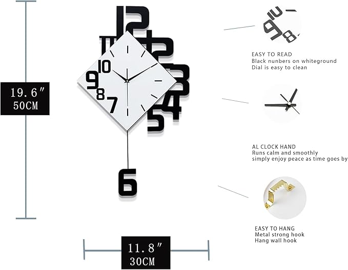 FLEBLE Modern Wall Clocks for Living Room Decor Large Decorative Wall Clock with Pendulum Battery Operated for Bedroom Office Kitchen Home Black Wood Silent Small Wall Clock Non Ticking