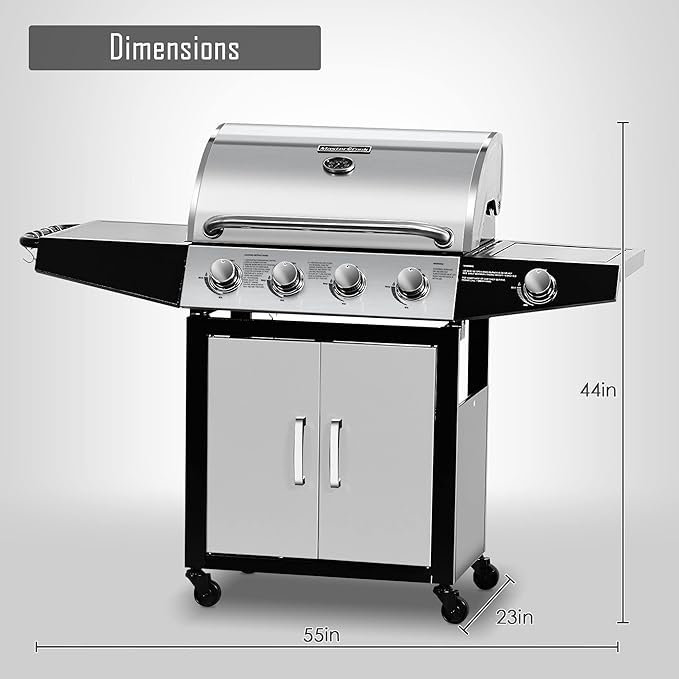 MASTER COOK 4 Burners Gas Grill, 518 Sqin Cooking Area, 52,000 BTU Propane Grill with Side Burner, Stainless Steel Cabinet Grill, Silver & Black