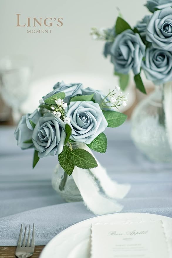 Ling's moment Artificial Flowers 50Pcs Dusty Blue Roses Decor w/Stems,3" Real Touch DIY Foam Floral for Wedding Bouquet/Centerpieces, Outdoors Party Backdrop, Room/Table, and Garden/Pot Decorations