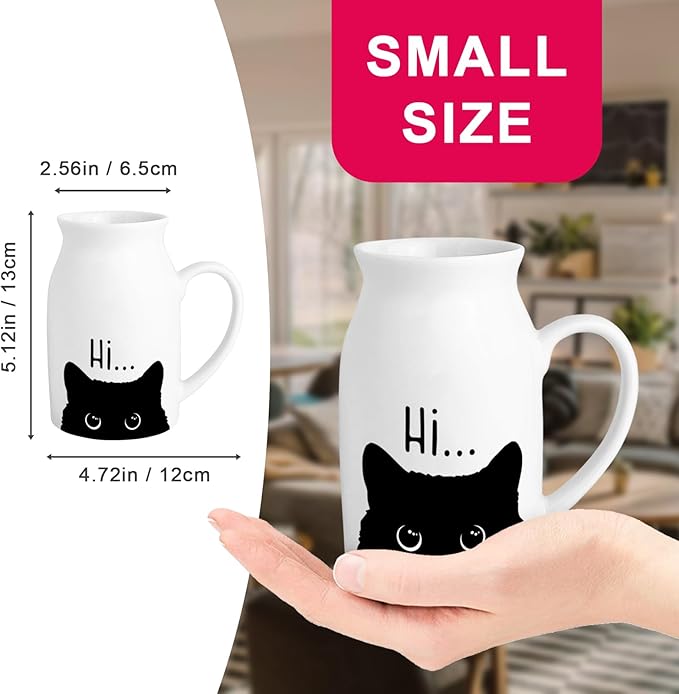 Cute Cat Themed Gifts, Small Ceramic Flower Vase Funny Coffee Mug for Cat Lover Owner Women Friend, Home Living Room Farmhouse Office Desk Table Shelf Decor (No Plants)