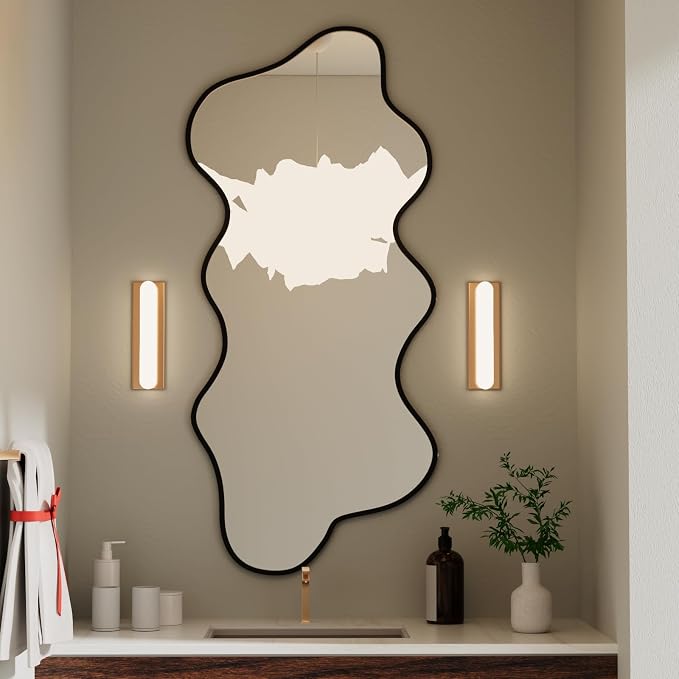 Irregular Wavy Wall Mirror Asymmetrical Shaped Aluminum Alloy Framed Big Unique Full Length Mirror for Living Room Bathroom Bedroom Entryway Fireplace (Black, 47"x21")