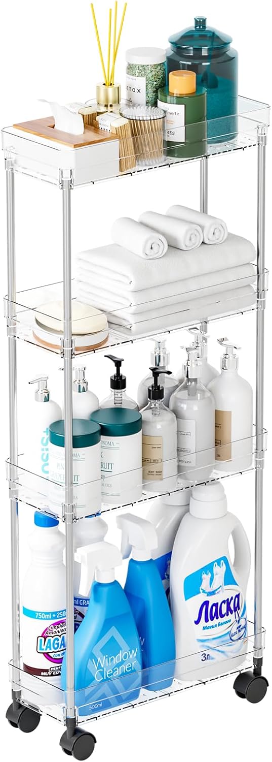 Yieach Clear 4-Tier Slim Rolling Storage Cart - 6.3" Wide Thin Shelves for Small Spaces | Bathroom & Laundry Use